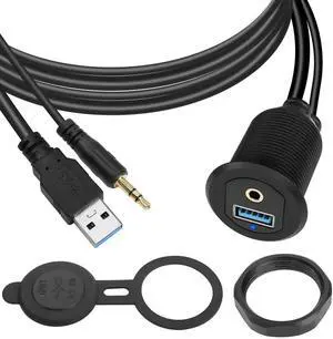 JAENFONG USB3.0 & 3.5mm Audio Threaded Fixed Embedded Car Waterproof Cable 5Gbps TRS 3.5mm & USB3.0 Dashboard Panel Mount Extension Cable, LED Lights, Al Housing, for Car Boat Motorbike,2M/6.5ft