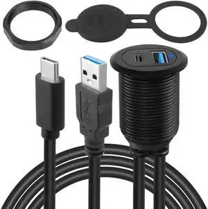 USB C3.1 & USB3.0 Embedded Car Waterproof Cable 10Gbps USB Type C 3.1 & USB3.0 Threaded Mounting Extension Cable, PD65W,Support 4K Video,LED,Al housing,for Dashboard car Boat Moto,2M/6.5ft