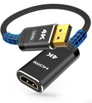 JAENFONG 4K DisplayPort to HDMI Adapter, Uni-Directional DP to HDMI Adapter Converter Cable Male to Female, HDMI Abapter Compatible with Laptop Desktop HDTV Monitor Projector, Black, Passive 1FT