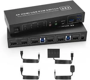 JAENFONG USB 3.0 HDMI KVM Switch 2 Montiors 2 Computers, 4K@60Hz KVM Switch Dual Monitor with 3 USB 3.0 Ports and Audio, 2 Port KVM Switch with Dual Monitor Cross Display for 2 Computers JAENFONG USB 3.0 HDMI KVM Switch 2 Montiors 2 Computers, 4K@60Hz KVM Switch Dual Monitor with 3 USB 3.0 Ports and Audio, 2 Port KVM Switch with Dual Monitor Cross Display for 2 Computers