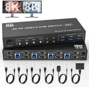 8K@60Hz Displayport USB 3.0 KVM Switch 2 Monitors 4 Computers, DP1.4 KVM Switch Dual Monitor with Audio Microphone Output and 3 USB 3.0 Ports, 4 Port KVM Switch Displayport for 4 PCs 2 Monitors 8K@60Hz Displayport USB 3.0 KVM Switch 2 Monitors 4 Computers, DP1.4 KVM Switch Dual Monitor with Audio Microphone Output and 3 USB 3.0 Ports, 4 Port KVM Switch Displayport for 4 PCs 2 Monitors