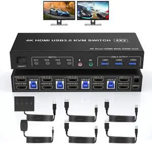 JAENFONG USB 3.0 KVM Switch HDMI Dual Monitors 4 Computers, 4K@60Hz HDMI Dual Monitor Switch for 4 PCs with Audio Output and 3 USB 3.0 Ports, 4 Port HDMI KVM Switch Input Supports EDID Emulators JAENFONG USB 3.0 KVM Switch HDMI Dual Monitors 4 Computers, 4K@60Hz HDMI Dual Monitor Switch for 4 PCs with Audio Output and 3 USB 3.0 Ports, 4 Port HDMI KVM Switch Input Supports EDID Emulators