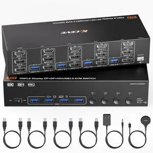 KVM Switch 3 Monitors 4 Computers 8K@60Hz 4K@144Hz, HDMI +2 Displayport Triple Monitor KVM Switch with 4 USB Ports for Keyboard Mouse,Support Extended/Copy Mode, with Wired Remote and 4 USB Cables KVM Switch 3 Monitors 4 Computers 8K@60Hz 4K@144Hz, HDMI +2 Displayport Triple Monitor KVM Switch with 4 USB Ports for Keyboard Mouse,Support Extended/Copy Mode, with Wired Remote and 4 USB Cables