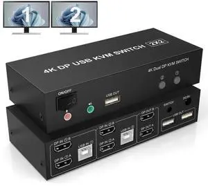 JAENFONG DisplayPort KVM Switch Dual Monitor 4K@60Hz Extended Display, 2 Computers 2 Monitors Displayport Switch with Audio Microphone Output and 3 USB Ports, PC Monitor Keyboard Mouse Switcher
