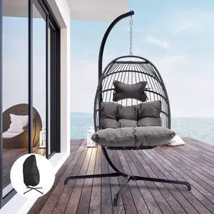LIQI Egg Chair Outdoor Indoor, Cozy Patio Wicker Swing Hanging Chair with Stand, All Weather Hammock Egg Shaped Chairs with Cushions, 350lbs Pounds Sturdy Porch Swing for Backyard with Cover
