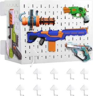 LIQI Peg Board for Nerf Gun Storage Organizer - Hanging Holder Compatible with All Blasters Nerf Gun Rack Organizer for Wall Organization with 10 Triangle Hooks (White)