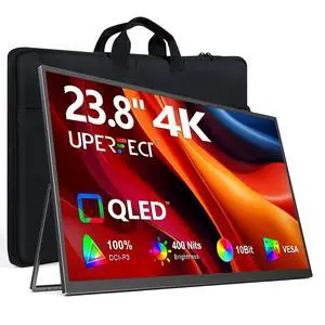 UPERFECT Portable Monitor 4K 23.8" QLED| 400 Nits 24" Large Monitor | 3840 * 2160 UHD 100% DCI-P3 | 1MS FreeSync | USB-C & HDMI | VESA & Kickstand | Second Screen for Computer, Mini PC, Game Consoles