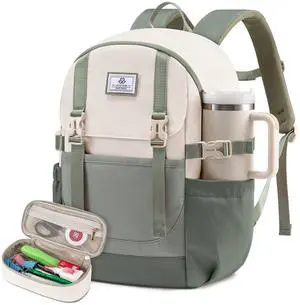 LOVEVOOK School Backpack for Teen Girls, Waterproof Travel College Bookbag for Middle High School with Large Cup Holder & Pencil Case, Fits 15.6'' Laptop, Cute Aesthetic Kids Student Backpack