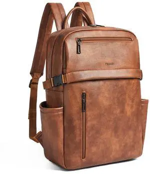 Leather Laptop Backpack for Women, 15.6 Inch Laptop Travel Backpack Purse Large Capacity Computer Bag, Casual Daypack Nurse Bag College Bookbag for School, Brown