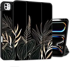DONGKE Case for iPad Pro M4 11 inch 2024 5th Gen - [Built-in Pencil Holder] Ultra Thin Soft TPU Back Cover with Trifold Stand Support Auto Wake/Sleep for iPad Pro 11-inch (M4) - Line Flowers