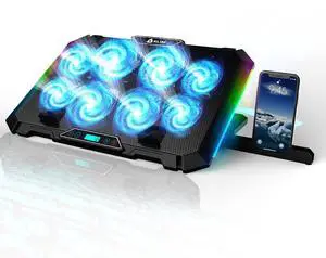 KLIM V8 Gaming Laptop Cooling Pad with 8 Fans + New Version + Gaming Laptop Cooler + Stable RGB Laptop Stand with Fan + Compatible up to 17" + 2 USB Ports + Phone Holder + 5 Year Assurance