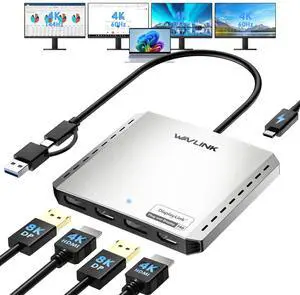 WAVLINK USB C to 4K HDMI & DP Adapter, Extended Quad Displays for Mac/Windows, Dual 8K or Quad 4K Monitors Splitter, DP Port Supports 120Hz high-Refresh, with PD 85W for Laptop (DL-7400)