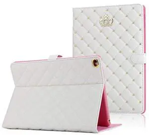 Topwin Crown Design Case for iPad 9.7 2018 2017/ iPad Air 2 / iPad Air, Diamond Cute Elegant PU Leather Smart Auto Sleep/Wake Stand Shockproof Case for Apple iPad 5th/6th (White
