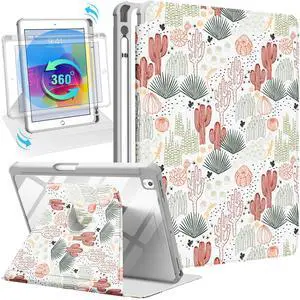 Uppuppy for iPad 9th/8th/7th/Air 3rd Generation Case 10.2& for iPad Pro 10.5 Inch Cases 360 Degree Rotating Stand Folio Cover with Pencil Holder Cute Women Girly Cactus for Apple iPad 2021/2020/2019
