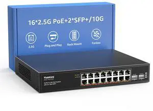 YuanLey 18 Port 2.5G PoE Switch Unmanaged, 16 x 2.5G Base-T PoE Ports, 2 x 10G SFP+, IEEE802.3af/at, 250W, Compatible with 100/1000/2500Mbps, Metal Case, Desktop/Rack Mount 2.5Gbe Network Switch