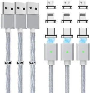 Magnetic Charging Cable 3A Fast Charging(3 Pack,6.6/6.6/6.6ft) 3 in 1 Magnetic Phone Charger with LED Light, Nylon Braided, for USB-C/Micro-USB Device (Silver, 6.6/6.6/6.6ft)