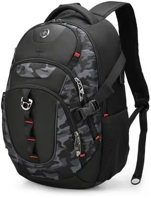 Swissdigital Design Laptop Backpack with USB Charging Port, Travel Backpack Fits 15.6 inches Computer, 31L College School Backpack for Men, Gray Camo | SD803