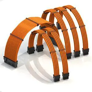 LINKUP - AVA 30cm PSU Cable Extension Sleeved Custom Mod GPU PC Braided w/Comb Kit - Compatible with RTX3090 | 1 x 24 P (20+4) | 2 x 8 P (4+4) CPU | 3 x 8 P (6+2) GPU Set | 300mm - Orange