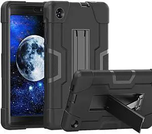 Doemoil Case for for Alcatel Joy Tab 2 Tablet 8-inch 2020 Release (Model: 9032Z) - [Built-in Kickstand] Anti Slip Kids Friendly Shockproof Silicone Protective Cover (Black/Black)