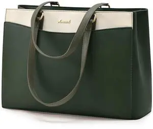 LOVEVOOK Laptop Tote Bag for Women, Work Bags Teacher Tote Bag, Waterproof Leather Computer Bag, Business Laptop Purse Office Handbag Professional Briefcase, Army green-beige, 15.6 Inch