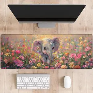 dhakalrlde Cute Elephant in Flowers Gaming Mouse Pad, Adorable Elephants Large Desk Mat for Computer, Extended Keyboard Laptop Mouse Pads 31.5×11.8in, Non Slip Rubber Mousepad for Office Decor