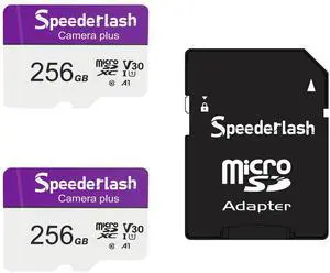 Micro SDXC Memory Card 256GB 2 Pack, Speederlash Camera Plus TF Card with Adapter, Up to 100MB/s Read Speed, 4K UHD&5K Video Support, U1 V30 A1 Rated, Waterproof, for Security Camera, Dashcam, Drones