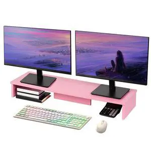 Qupui Dual Monitor Stand Riser, Large Computer Monitor Stand for Desk, Monitor Riser for 2 Monitors, Wood Desk Shelf for Top of Desk, Desktop Organizer for Computer, Laptop, Printer, TV, Pink