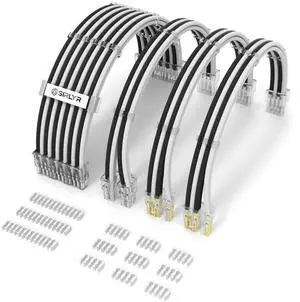 Sirlyr PSU Cable Extension,Customed Pre-Bend PC Power Supply Cable,1x 24 Pin ATX / 1x 8 (4+4) Pin EPS/Longer 2X 8 (6+2) Gold-Plated Pin Pcie,Nylon Sleeved Black White,4 Kits