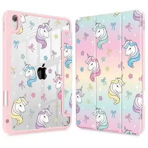 Lepeoac Case for iPad 11 inch A16 2025 Generation 11th / iPad 10.9 inch 2022 10th Gen, Buit in Pencil Holder with Shockproof Cover Clear Transparent Back Shell Auto Wake/Sleep, Rainbow Unicorn