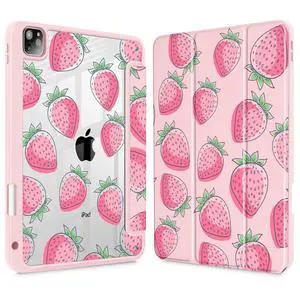Lepeoac Case for iPad Pro 11 inch (4th, 3rd, 2nd & 1st Gen) 2022 2021 2020 2018, Buit in Pencil Holder with Shockproof Cover Clear Shell + Auto Wake/Sleep,Strawberries