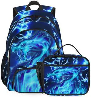 TropicalLife Blue Backpack Set with Lunch Box, Dragon Lightweight Travel Camping Hiking Gym Casual Daypack 18 Inches