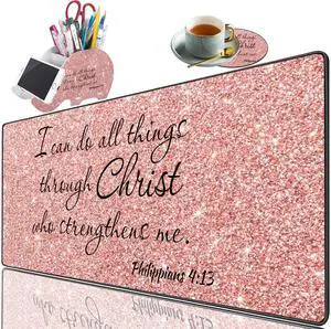 Large Game Mouse Pad + Brush Holder Phone Stand+Coaster Set, Multi-Functional Organizer with Stitched Edge Non-Slip Table Pad, Suitable for Gamers/Offices, Bible Verse Pink Phil 4-13