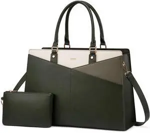 LOVEVOOK Laptop Tote Bag for Women, Leather Business Office Work Bag Computer Briefcase with Small Clutch fit for 15.6 Inch Laptop,Green-Beige-Grey Green