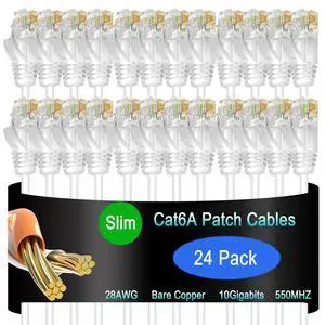 Lysymixs Cat6a Slim Ethernet Patch Cable 1.5 ft (24 Pack), Cat6a Patch Cable for Data Centers, Cat 6 Patch Cable 10G, Network Patch Cables for Home and Enterprise Network -White