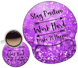 Mouse Pad with Wrist Support Gel Ergonomic Mouse Pads with Rest Support Mouse Pad for Home Office Working Pain Relief + Coaster, Stay Positive Work Hard and Make It Happen Purple Glitter