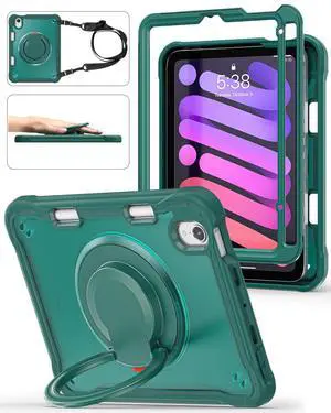 BRAECN for iPad (a17 pro) Mini 7/Mini 6 Case 2024/2021 8.3 inch with Pencil Holder Protective Clear Ring Handle 360 Rotating Stand Shockproof Dropproof Rugged Carrying Shoulder Strap Kids Friendly