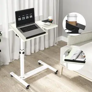 Panta Height Adjustable Rolling Laptop Stand, Overbed Table with 2 Tilting Desktops, Mobile Laptop Table for Couch with Cup Holder, Mobile Computer Workstation for Office, Home and Hospital,Maple