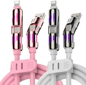 MFish 240W 4-in-1 Universal USB Charging Cable [2 Pack, 6.6ft]  Fast Charger Cord with USB-A, Dual USB-C & Lighting, for iPhone 14/15/16/17 Series, iPad & MacBook & More (2PACK, Pink+White, 6.6Ft)