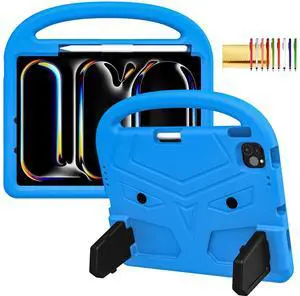 Kids Case for iPad Pro 11" M4 2024 & iPad Air 11" M3 2025/M2 2024, Techcircle Child Shock Proof EVA Protective [Support Pencil Charging] Handle Stand Cover, Blue