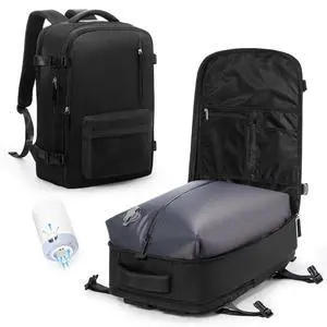 VENATIN Vacuum Backpack Travel with Air pump,Large Travel Backpack with Vacuum Seal System,Mochila Compresion al Vacio,Personal Item Travel Bag Flight Approved 18x14x8,Laptop Backpacks,Black