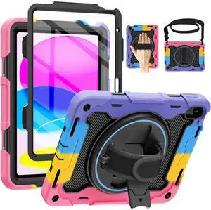 ROSROME Case for iPad 11 Inch A16 11th Generation 2025, iPad 10th Generation Case 10.9" for Kids with Screen Protector, 360 Kickstand Hand Strap, Shoulder Strap, Heavy Duty Shockproof Drop Protection