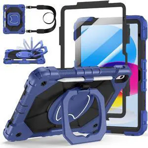 Case for iPad A16 11th/10th Generation 11 inch/10.9 inch 2025/2022, Ubearkk for iPad a16 case with Screen Protector, 360 Degree Rotating Stand Shoulder Strap Pencil Holder, Navy Black