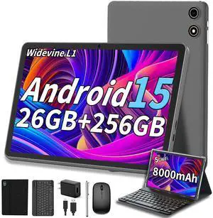 Android 15 Tablet with Keyboard, 26GB RAM+256GB ROM(2TB Expand), 10 inch tablet with 8000mAh Battery, 2.4G/5G WiFi, 5MP+13MP Dual Camera, Widevine L1, GMS Certified, Mouse, Case, Stylus(Black Case)