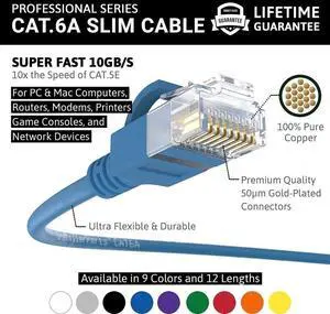 InstallerParts Ethernet Cable CAT6A Slim Cable UTP Booted 2 FT (10 Pack) - Blue - Professional Series - 10Gigabit/Sec Network/High Speed Internet Cable, 550MHZ, 28AWG