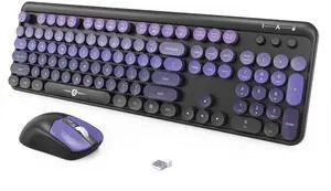 FOPETT Wireless Keyboard and Mouse Combo, 104 Keys Full-Sized 2.4 GHz Round Keycap Colorful Keyboards, USB Receiver Plug and Play, for Windows, Mac, PC, Laptop, Desktop (Black Purple)