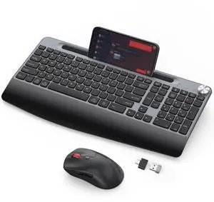 GAMCATZ Ergonomic Wireless Keyboard and Mouse with Wrist RestPhone Holder - 2.4GHz Full-Sized Low-Profile Quiet Wireless Mouse and Keyboard Combo for Computer, Laptop, PC, Mac-Grey