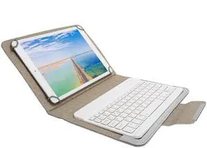 Tablet Keyboard Cases, 2 In1 Tablet Cover Set with White Bluetooth Keyboard Protective Case, Pu Leather Keyboard Case with Keyboard Holder Universal for (10 inch white leather case + white keyboard)