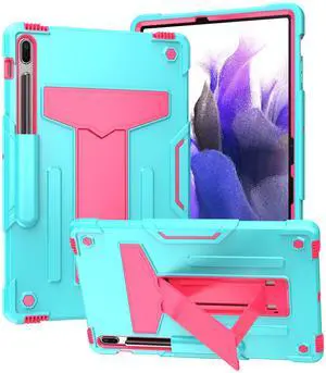 Dteck Kids Case for Samsung Galaxy Tab S8+/S7 FE/S7+ 12.4 inch Tablet, Heavy Duty Shockproof Protective Stand Silicone Case with S Pen Holder, Aqua+Rose