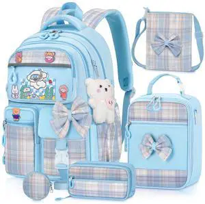 LEWKANA Girls Backpack with Lunch Box Set, 5pc Blue Cute Kawaii Bookbag for Teens, Aesthetic School Backpack for Elementary