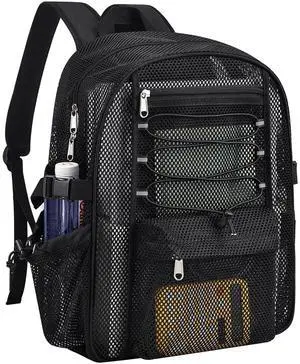 UEASE Mesh Backpack Heavy Duty for School, 23L Mesh Bookbag for Adults, See Through Black Mesh School Bag with Laptop Pocket for Work Swimming Beach Fitness Sport